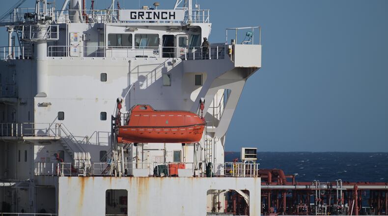 In this photo, provided by the French Army on Thursday, Jan 22, 2026, an oil tanker in the Mediterranean Sea that traveled from Russia, is pictured after being intercepted by France's Navy. (Etat-Major des Armees via AP)