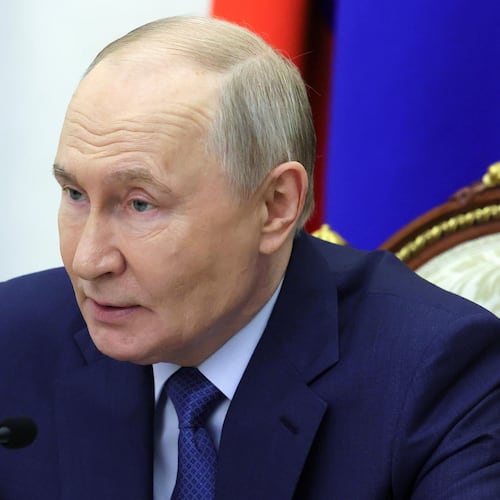 Russian President Vladimir Putin holds a meeting on economic issues at the Kremlin in Moscow, Russia, Friday, May 15, 2026. (Mikhail Metzel, Sputnik, Kremlin Pool Photo via AP)