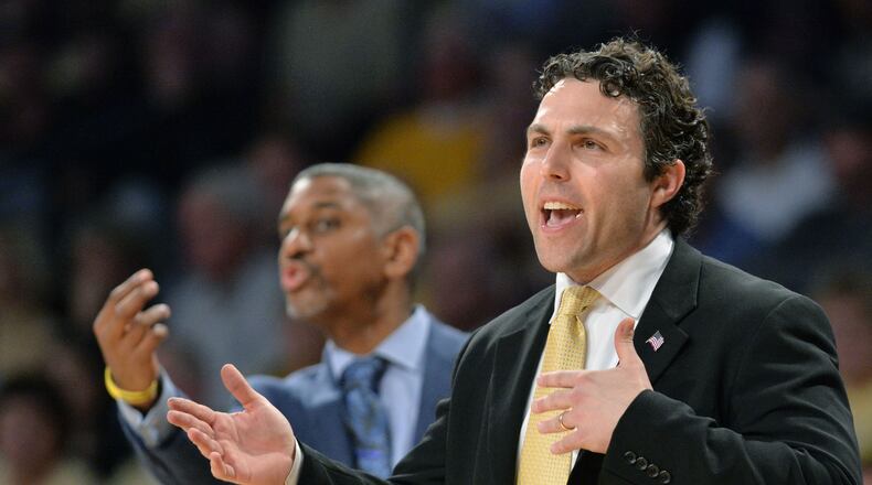 Georgia Tech head coach Josh Pastner shouts instructions in a basketball game at McCamish Pavilion on Saturday, February 11, 2017. Georgia Tech won 65 - 54 over the Boston College. HYOSUB SHIN / HSHIN@AJC.COM