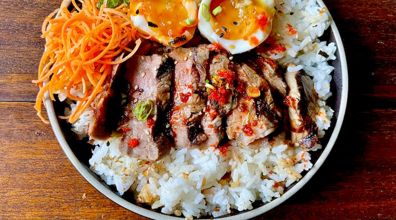 Isan gyudon bowl with grilled Angus beef at Isankaya in Norcross. (Angela Hansberger for The Atlanta Journal-Constitution)