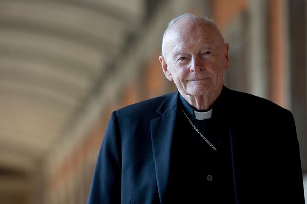 FILE - Cardinal Theodore Edgar McCarrick poses for a photo in Rome, on Feb. 13, 2013. (AP Photo/Andrew Medichini, File)