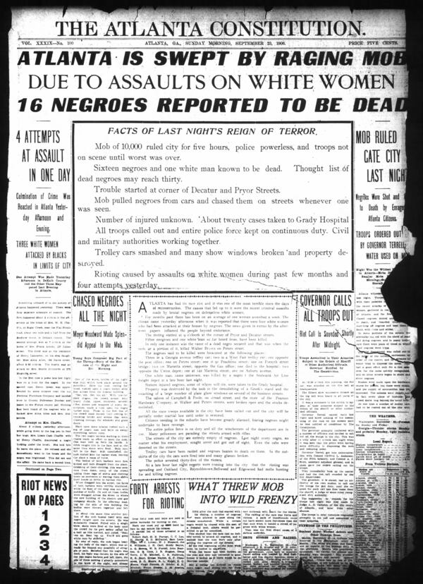 The Atlanta Constitution front page on Sept. 23, 1906.