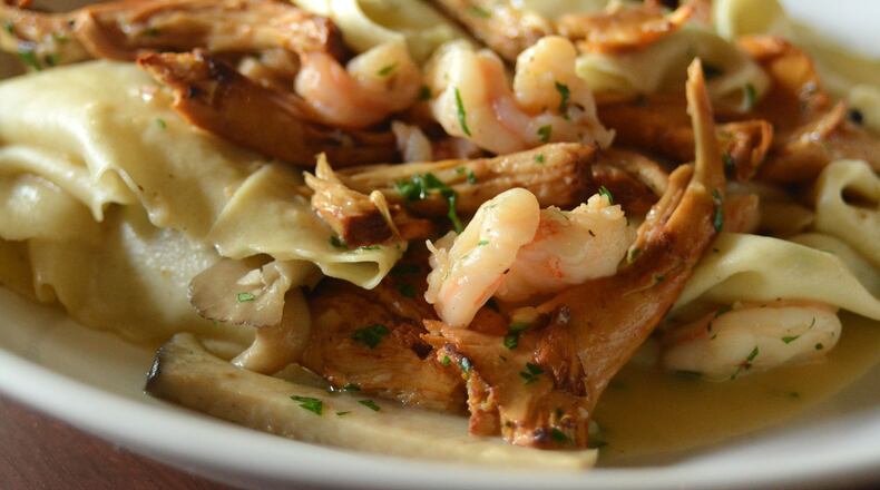 Pappardelle with shrimp, garlic and mixed mushrooms from il Giallo Osteria & Bar. STYLED BY JAIME ADAMS/EXECUTIVE CHEF. CONTIBUTED BY ADRIENNE HARRIS/SPECIAL