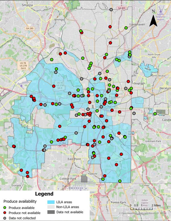 Produce availability among stores in the city of Atlanta by LILA (low income, low access) vs. non-LILA areas. The gray dots in the maps represent stores that Emory was not able to collect data from, including stores that were permanently closed, not open, pharmacies without food, or refused to participate.