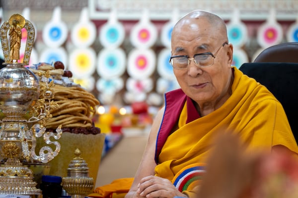Tibetan spiritual leader the Dalai Lama attends an event celebrating his 90th birthday according to a Tibetan calendar at the Tsuglakhang temple in Dharamshala, India, Monday, June 30, 2025, ahead of his birthday according to the Gregorian calendar on July 6. (AP Photo/Ashwini Bhatia)
