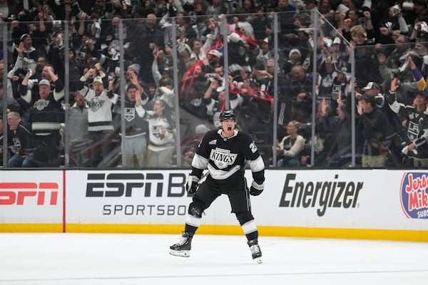 Los Angeles Kings left wing Kevin Fiala celebrates his goal during the third period in Game 1 of an NHL hockey first-round playoff series against the Edmonton Oilers, Monday, April 21, 2025, in Los Angeles. (AP Photo/Mark J. Terrill)