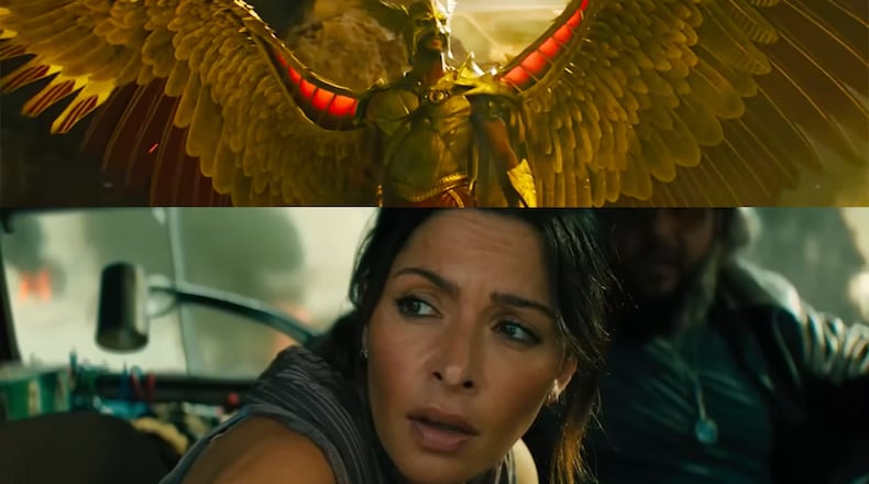 Aldis Hodge plays Hawkman in "Black Adam" while Sarah Shahi portrays professor and freedom fighter Adrianna Tomaz, out October 21, 2022. WARNER BROS.