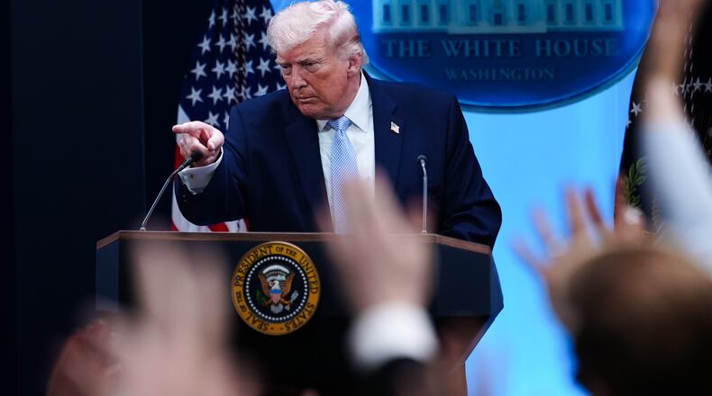 President Donald Trump speaks with reporters in the James Brady Press Briefing Room at the White House, Monday, April 6, 2026, in Washington. (AP Photo/Julia Demaree Nikhinson)