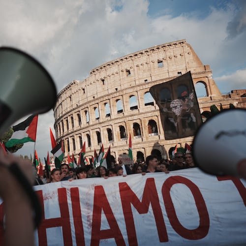 People stage a protest after activists attempting to break Israel's maritime blockade of Gaza say Israeli forces have intercepted their "Global Sumud Flotilla" near the southern Greek island of Crete, in Rome, Thursday, April 30, 2026. (AP Photo/Andrew Medichini)