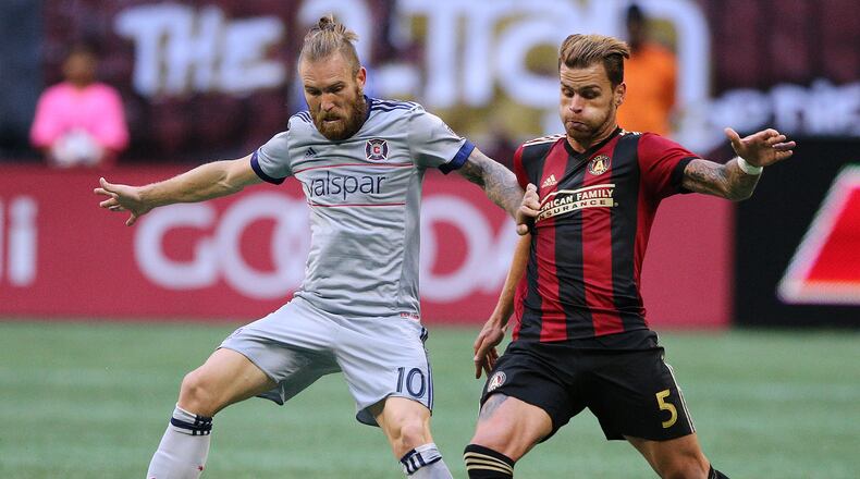 October 21, 2018 Atlanta: Atlanta United defender Leandro Gonzalez Pirez battles Chicago Fire forward Aleksander Katai for the ball during the first half in a MLS soccer match on Sunday, Oct 21, 2018, in Atlanta.   Curtis Compton/ccompton@ajc.com