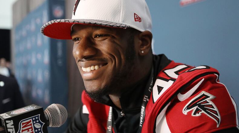 Falcons linebacker Deion Jones takes a question during Super Bowl media availability on Wednesday, Feb. 1, 2017, at the Memorial City Mall ice arena in Houston. Curtis Compton/ccompton@ajc.com