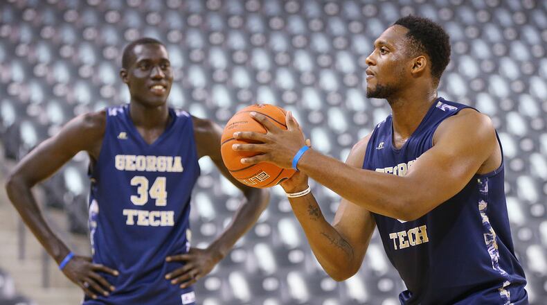 Georgia Tech forwards Abdoulaye Gueye (left) and Charles Mitchell get is some work during the team’s annual Media Day at McCamish Pavilion on Monday, Sept. 28, 2015, in Atlanta. Curtis Compton / ccompton@ajc.com