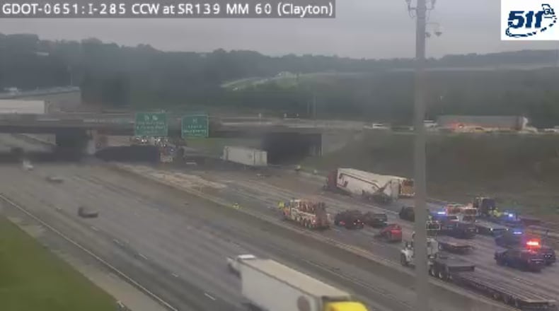 Emergency crews respond to the scene of a multi-vehicle crash early Saturday on I-285 West just before Riverdale Road in Clayton County. (Georgia Department of Transportation)