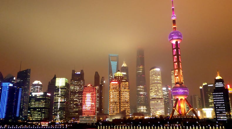 View of the Shanghai skyline at night from the Crystal Symphony. (Jerome Levine/Chicago Tribune/TNS)