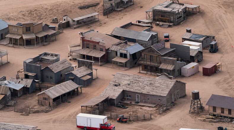 This aerial photo shows the Bonanza Creek Ranch in Santa Fe, N.M., Saturday, Oct. 23, 2021. Actor Alec Baldwin fired a prop gun on the set of a Western being filmed at the ranch on Thursday, Oct. 21, killing the cinematographer, officials said. (AP Photo/Jae C. Hong)