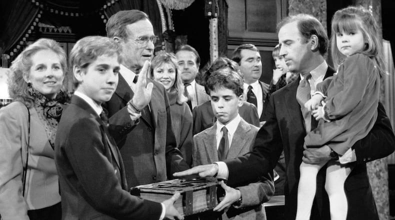 On Jan. 3, 1985, then-Sen. Joe Biden took a reenacted oath of office from Vice President George Bush during a ceremony in Washington. Biden will take the presidential oath of office on Jan. 20 on the same Bible.