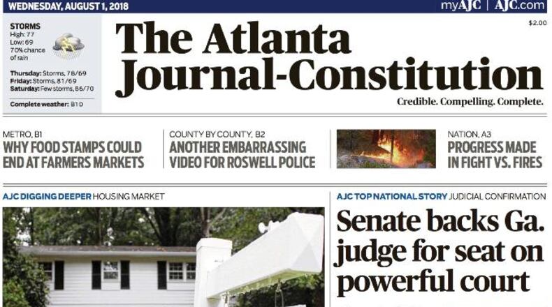 FRONT PAGE FOR Wednesday, Aug. 1, 2018 -- The Atlanta Journal-Constitution