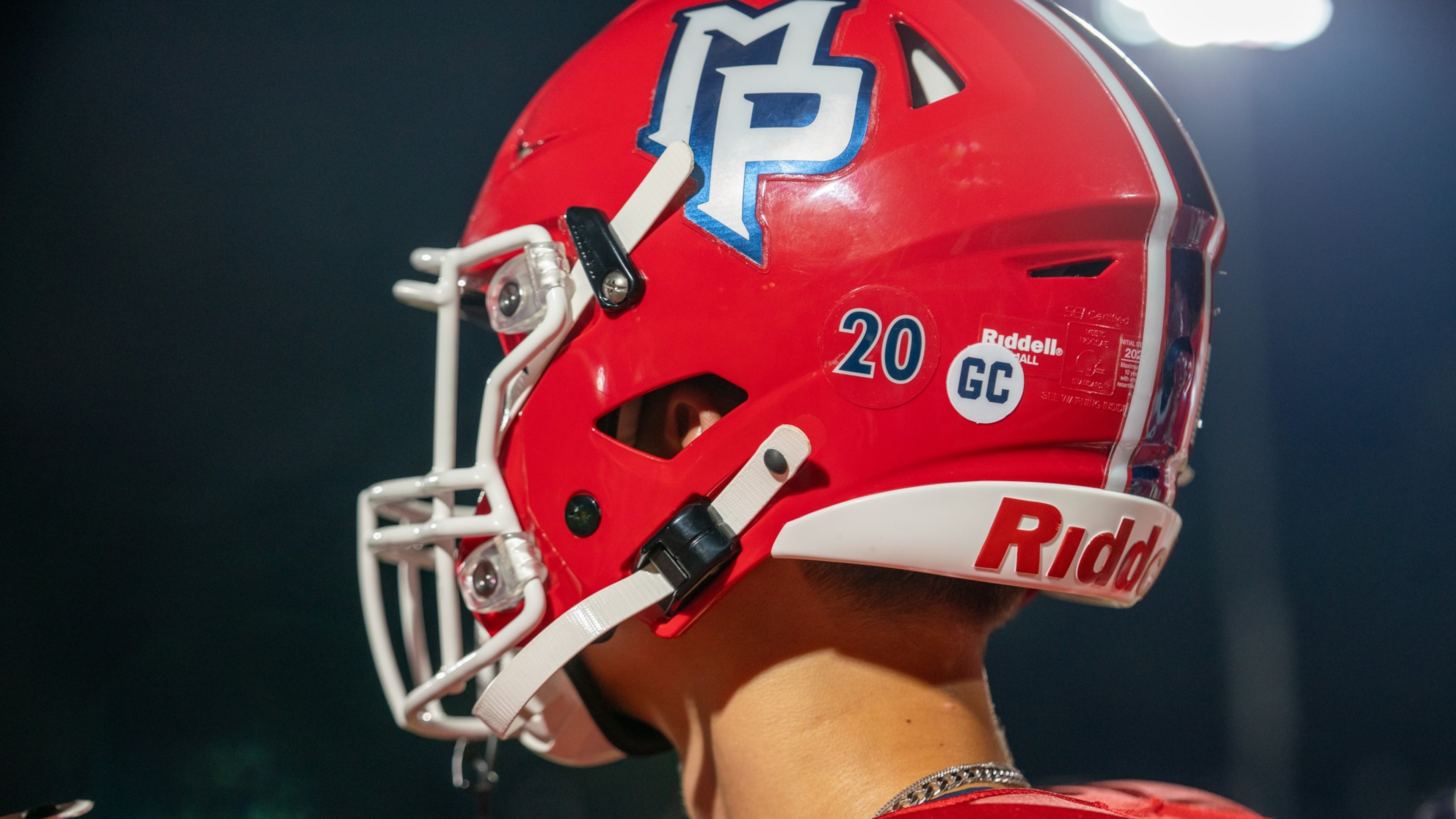 A Mount Pisgah Christian School football player's helmet has the initials "GC" to honor classmate Grace Choi during their game on Friday, Sept. 5, 2025. (Courtesy of Mount Pisgah Christian School)