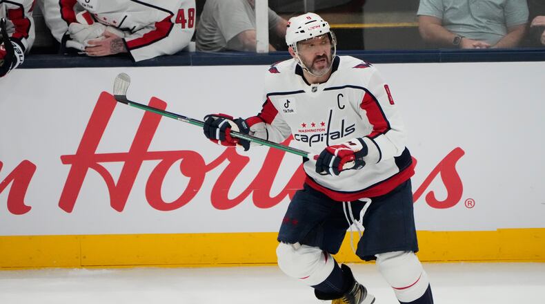 FILE - Washington Capitals left wing Alex Ovechkin (8) skates in the third period of an NHL hockey game against the Columbus Blue Jackets on April 14, 2026, in Columbus, Ohio. (AP Photo/Sue Ogrocki, File)
