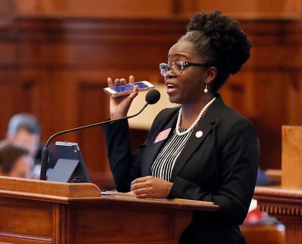 2/26/19 - Atlanta -  Rep. Jasmine Clark, D - Tucker, spoke against the bill.  The Georgia House passed a bill Tuesday to buy a new $150 million election system that includes a paper ballot printed with a ballot marking device. But opponents to the bill, including many Democrats, say it would still leave Georgia's elections vulnerable to hacking and tampering.   Bob Andres / bandres@ajc.com