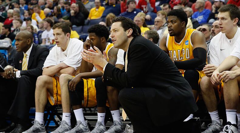 COLUMBUS, OH - MARCH 20: Head coach Bryce Drew of the Valparaiso Crusaders looks on during the second round of the Men's NCAA Basketball Tournament at Nationwide Arena on March 20, 2015 in Columbus, Ohio. (Photo by Kirk Irwin/Getty Images)