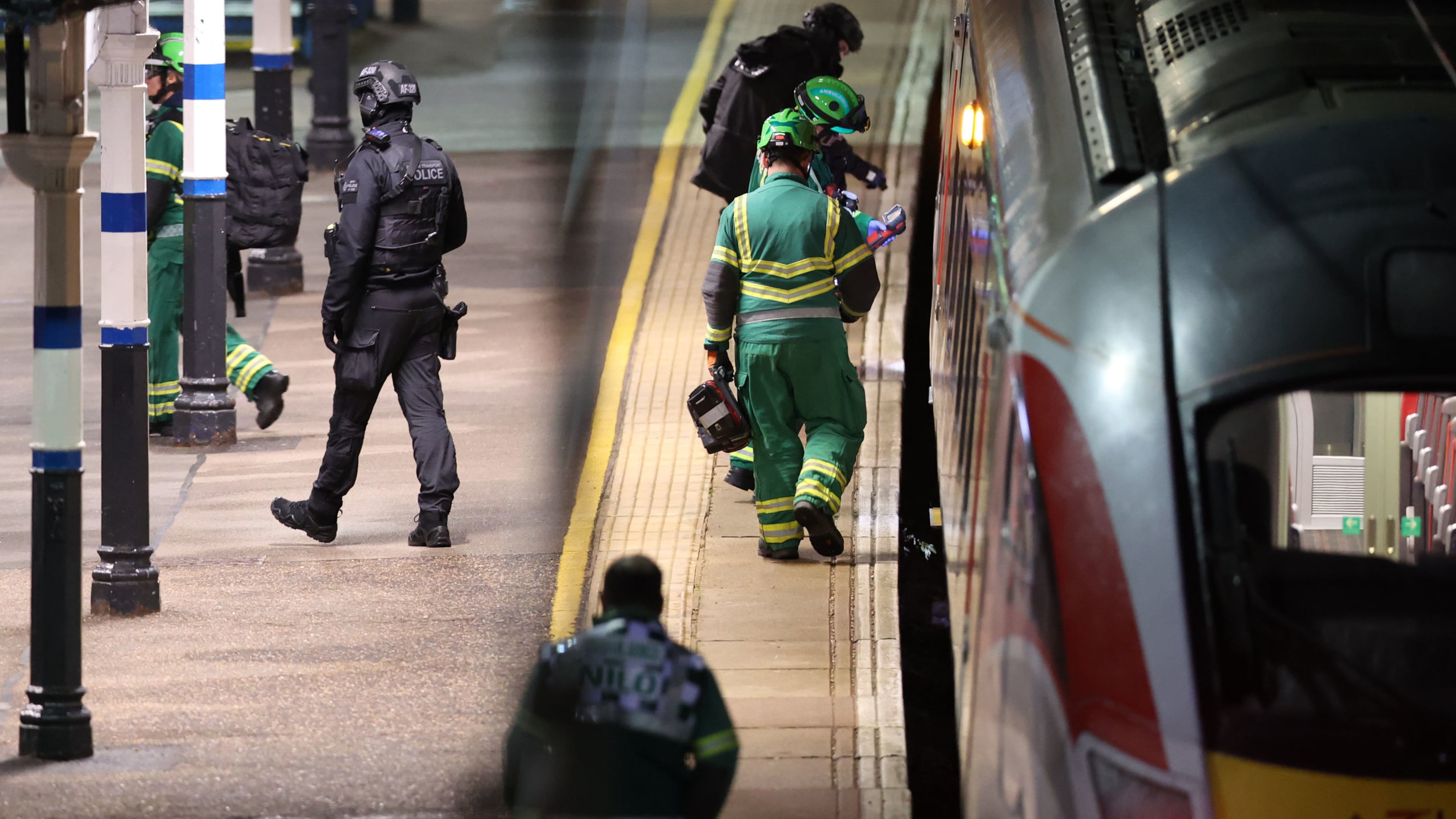 Emergency personnel inspect a train at the Huntingdon, England, train station in Cambridgeshire after people were stabbed Saturday, Nov. 1, 2025. (Chris Radburn/PA via AP)