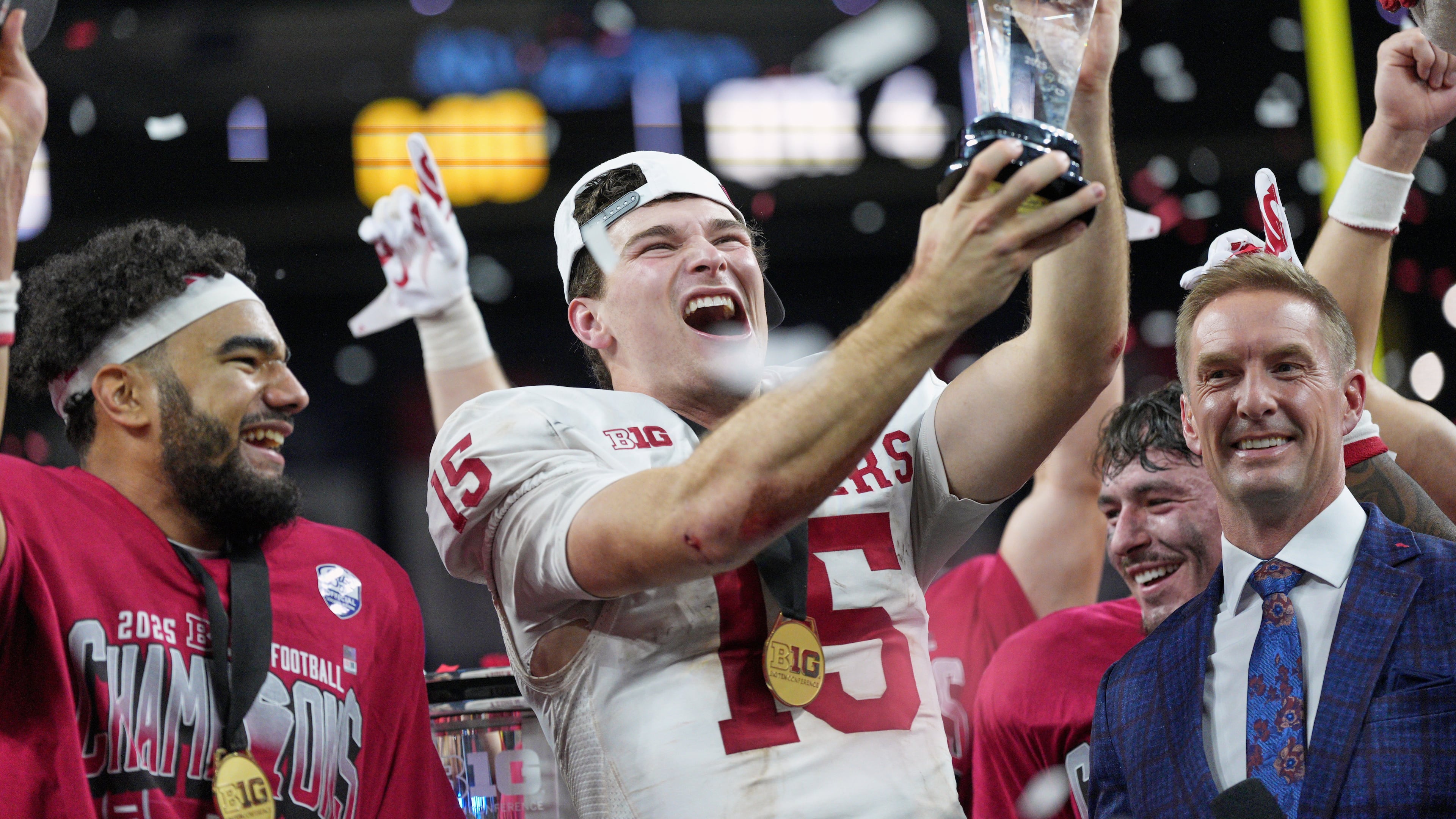Indiana's Fernando Mendoza celebrates after the Big Ten championship NCAA college football game against Ohio State in Indianapolis, Saturday, Dec. 6, 2025. (AP Photo/AJ Mast)