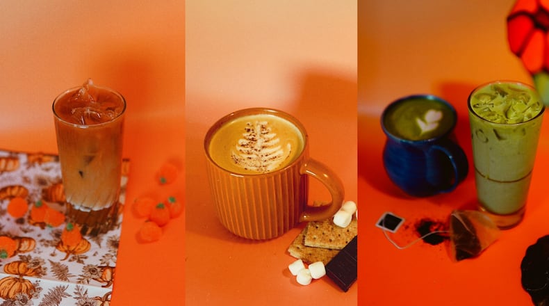 Coffee Man's fall menu includes a pumpkin spice cold brew (left), a s'mores latte (center) and an Earl Grey matcha (right). (Courtesy of Savannah Baker)