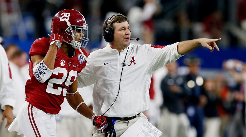 ARLINGTON, TX - DECEMBER 31: Defensive coordinator Kirby Smart directs Minkah Fitzpatrick #29 of the Alabama Crimson Tide on the sideline in the fourth quarter while taking on the Michigan State Spartans during the Goodyear Cotton Bowl at AT&T Stadium on December 31, 2015 in Arlington, Texas. (Photo by Ron Jenkins/Getty Images)