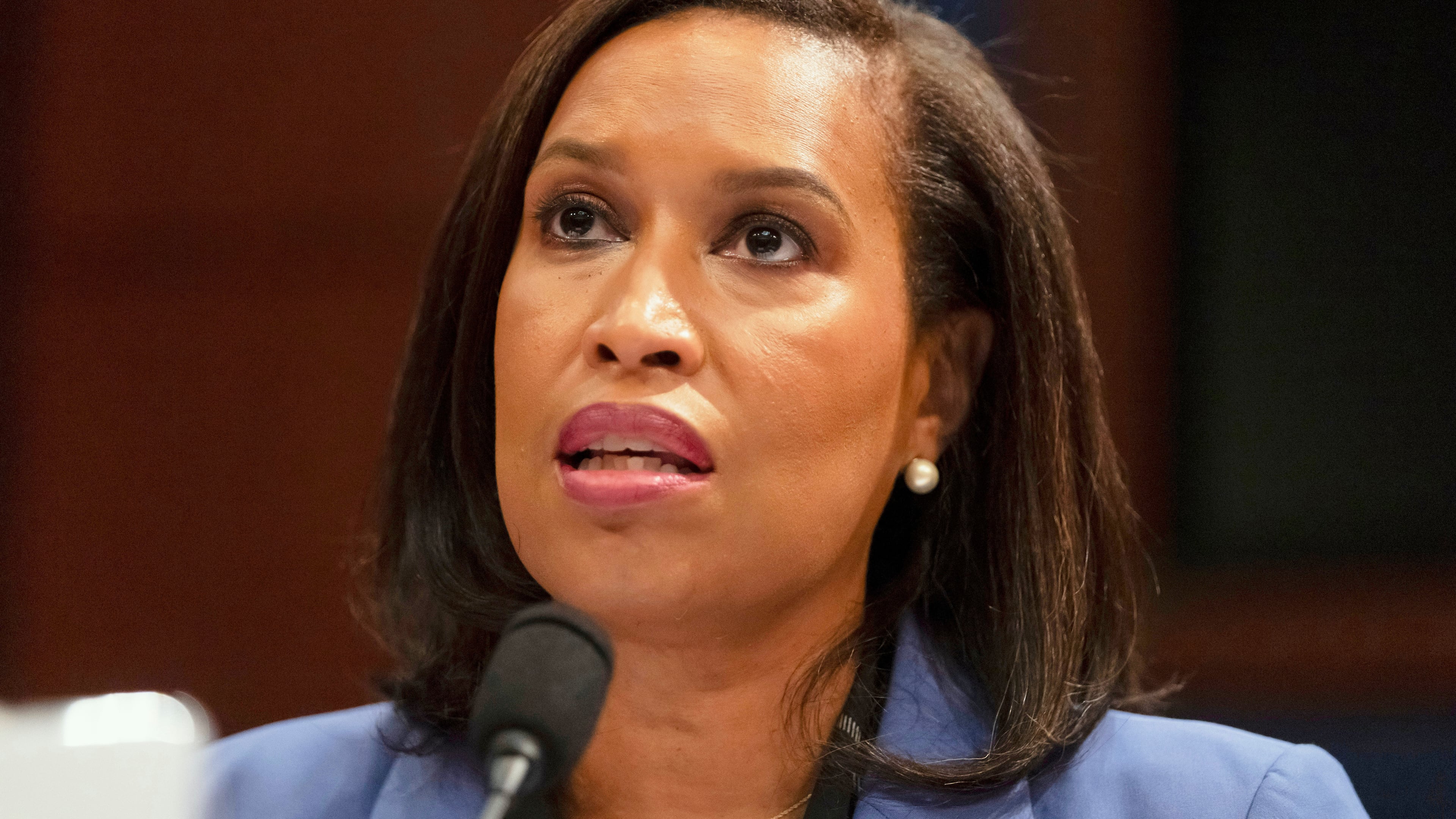 FILE - District of Columbia Mayor Muriel Bowser speaks during a hearing on Capitol Hill, Sept. 18, 2025, in Washington. (AP Photo/Mark Schiefelbein, File)