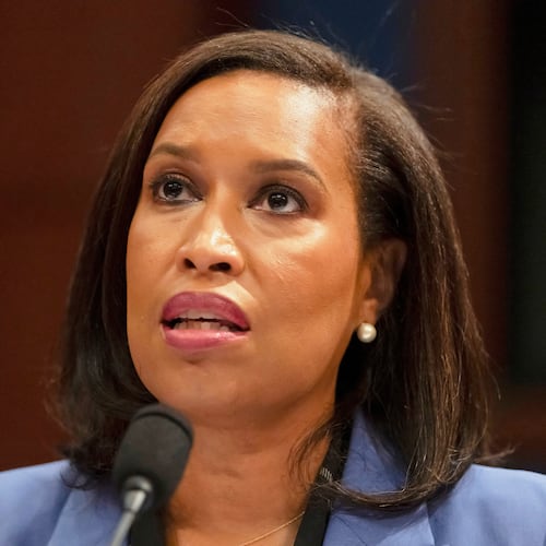 FILE - District of Columbia Mayor Muriel Bowser speaks during a hearing on Capitol Hill, Sept. 18, 2025, in Washington. (AP Photo/Mark Schiefelbein, File)