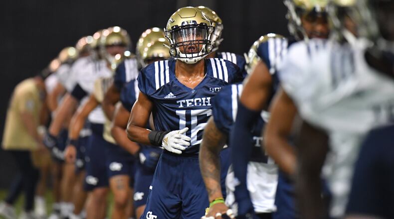 August 6, 2021 Atlanta - Georgia Tech's defensive back Myles Sims (16) catches a breath during a football practice at Rose Bowl Field on Georgia Tech Campus in Atlanta on Friday, August 6, 2021. (Hyosub Shin / Hyosub.Shin@ajc.com)