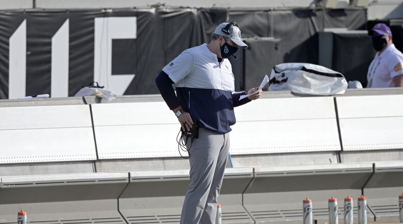 Titans offensive coordinator Arthur Smith works on the sidelines. Smith is the new Falcons head coach. (AP Photo/Phelan M. Ebenhack)