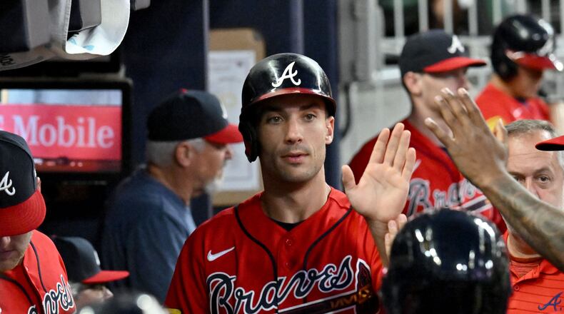 Atlanta Braves' first baseman Matt Olson (28) celebrates after scoring on a 2-RBI single by Atlanta Braves' catcher Travis d'Arnaud (16) during the third inning at Truist Park, Friday, September 8, 2023, in Atlanta. Atlanta Braves won 8-2 over Pittsburgh Pirates. (Hyosub Shin / Hyosub.Shin@ajc.com)