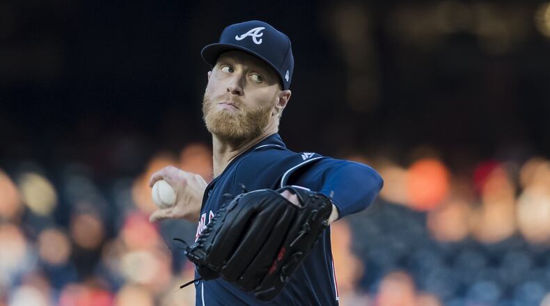 WASHINGTON, DC - JUNE 22: Mike Foltynewicz #26 of the Atlanta Braves pitches against the Washington Nationals during the second inning at Nationals Park on June 22, 2019 in Washington, DC. (Photo by Scott Taetsch/Getty Images)