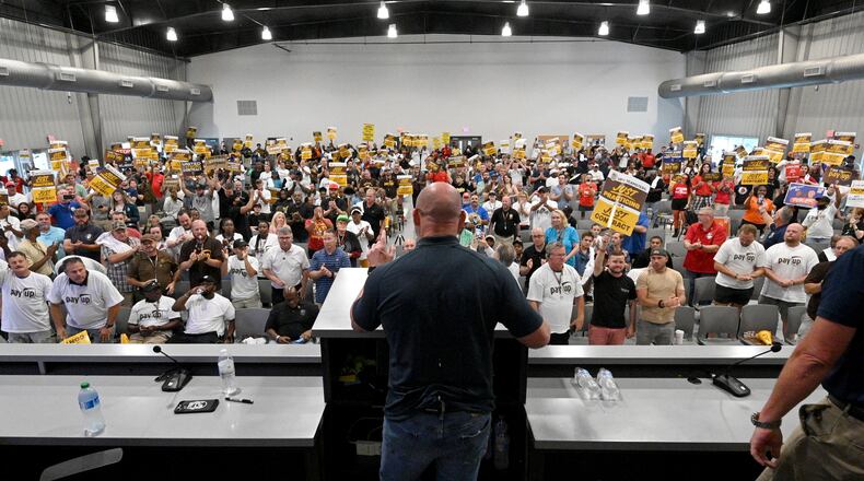 Teamsters General President Sean O’Brien speaks during a rally just days before high-stakes contract talks with UPS are set to resume, at Teamsters Local 728, Saturday, July 22, 2023, in Atlanta. The head of the International Brotherhood of Teamsters revved up the union’s membership in Atlanta on Saturday at a rally just days before high-stakes contract talks with UPS are set to resume. (Hyosub Shin / Hyosub.Shin@ajc.com)