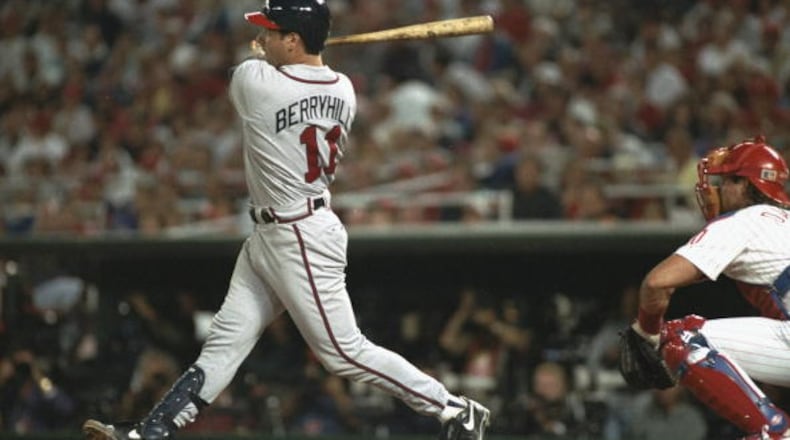Damon Berryhill hit this home run for the Braves against the Phillies in the 1993 National League Championship Series. Berryhill is the Braves’ new Triple-A manager. (Photo by John Iacono/Getty Images)