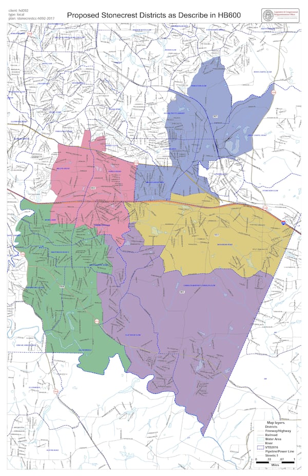 The proposed map for the city of Stonecrest's five districts, according to House Bill 600.