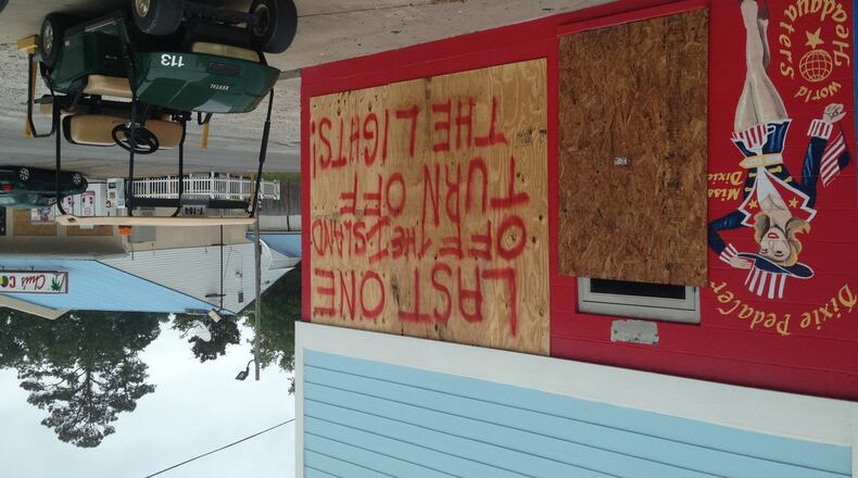 Bowie Seafood on Tybee Island is boarded up in advance of Hurricane Matthew. DAN CHAPMAN/ dchapman@ajc.com