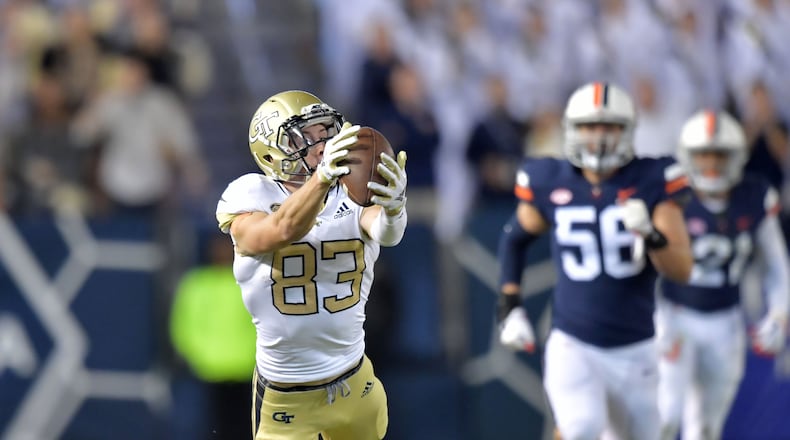 Georgia Tech wide receiver Brad Stewart (83) makes a catch in the fourth quarter at Bobby Dodd Stadium on Saturday, November 17, 20. Georgia Tech won 30-27 over the Virginia in overtime. HYOSUB SHIN / HSHIN@AJC.COM