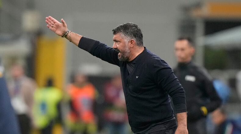 FILE -Italy's head coach Gennaro Gattuso gestures during the 2026 World Cup Group I qualifier soccer match between Italy and Norway in Milan, Italy, Nov. 16, 2025. (AP Photo/Luca Bruno, File)