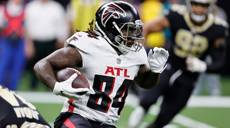 Atlanta Falcons running back Cordarrelle Patterson (84) runs against the New Orleans Saints during the first half of an NFL football game, Sunday, Nov. 7, 2021, in New Orleans. (AP Photo/Butch Dill)