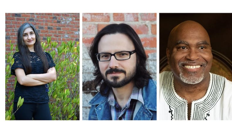 Anjali Enjeti (from left), Taylor Brown and Daniel Black are nominated for the 2023 Townsend Prize for Fiction.
File