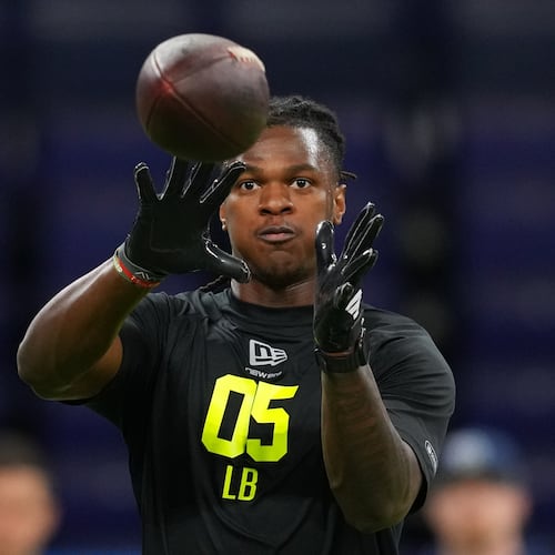 Falcons rookie linebacker Kendal Daniels — picturing during the NFL scouting combine in February — is recovering from a calf injury, but he is developing quickly in the position group. (Julio Cortez/AP)