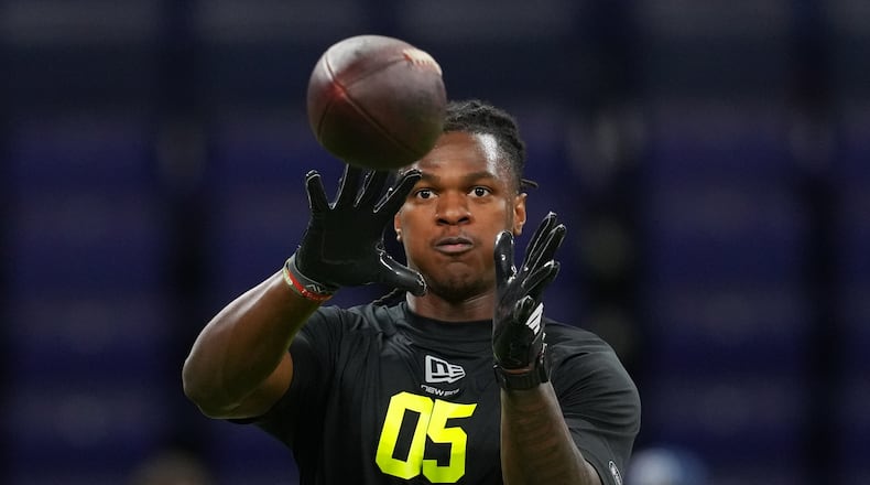 Falcons rookie linebacker Kendal Daniels — picturing during the NFL scouting combine in February — is recovering from a calf injury, but he is developing quickly in the position group. (Julio Cortez/AP)