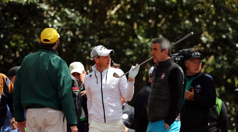 April 6, 2017 AUGUSTA Defending Masters champion Danny Willett points to a tree he hit on the 1st fairway as play begins in the opening round of the 81st Masters tournament at the Augusta National Golf Club, Thursday April 6, 2017. CURTIS COMPTON/ AJC