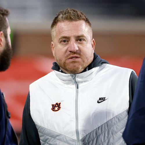 Auburn coach Alex Golesh, whose Tigers play Baylor at Mercedes-Benz Stadium in the Aflac Kickoff Game on Saturday, has heard plenty about the imbalance in the Deep South’s Oldest Rivalry. (Butch Dill/AP)
