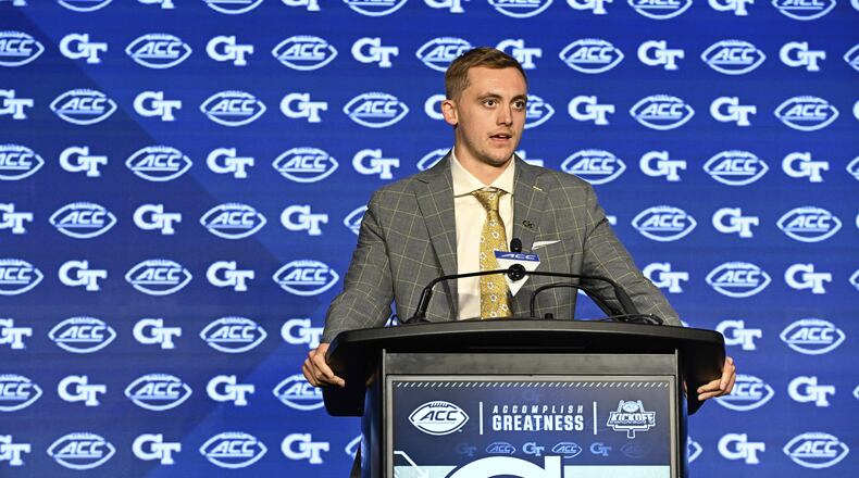 Georgia Tech quarterback Haynes King meets with the media Monday during the ACC Football Kickoff in Charlotte.