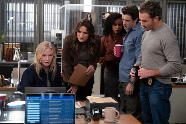 From left, Kelli Giddish as Sgt. Amanda Rollins, Mariska Hargitay as Capt. Olivia Benson, Aimé Donna Kelly as Capt. Renee Curry, Corey Cott as Detective Jake Griffin and Kevin Kane as Detective Terry Bruno on "Law & Order: Special Victims Unit." (Virginia Sherwood/NBC)