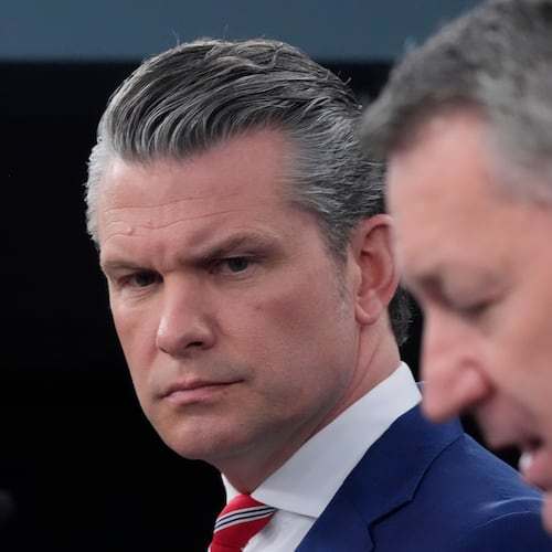 Defense Secretary Pete Hegseth and Chairman of the Joint Chiefs of Staff Gen. Dan Caine speak to members of the media during a press briefing at the Pentagon in Washington, Tuesday, May 5, 2026. (AP Photo/Manuel Balce Ceneta)